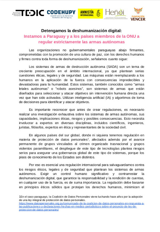 Imagen de la portada del pronunciamiento de la sociedad civil en Paraguay