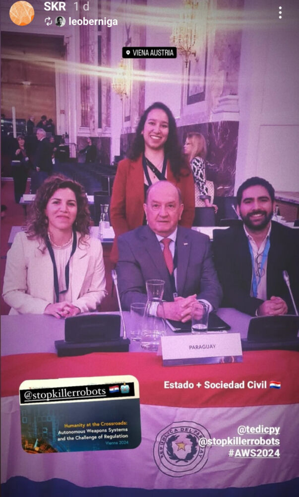 Image of the participation of Leonardo Gómez of TEDIC; Admiral Cíbar Benítez, Minister of the National Defense Council (CODENA), and the representative of the Permanent Mission of Paraguay in Vienna at the Vienna Forum..