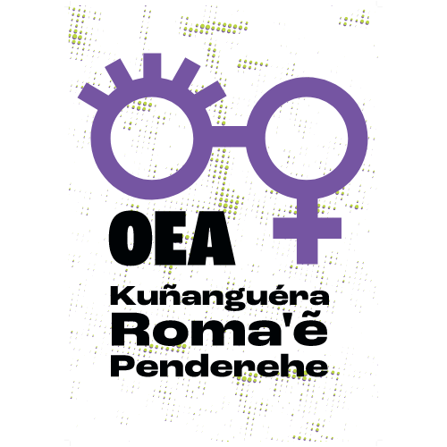Placa y texto: OEA Kuñanguéra roma’ê penderehe