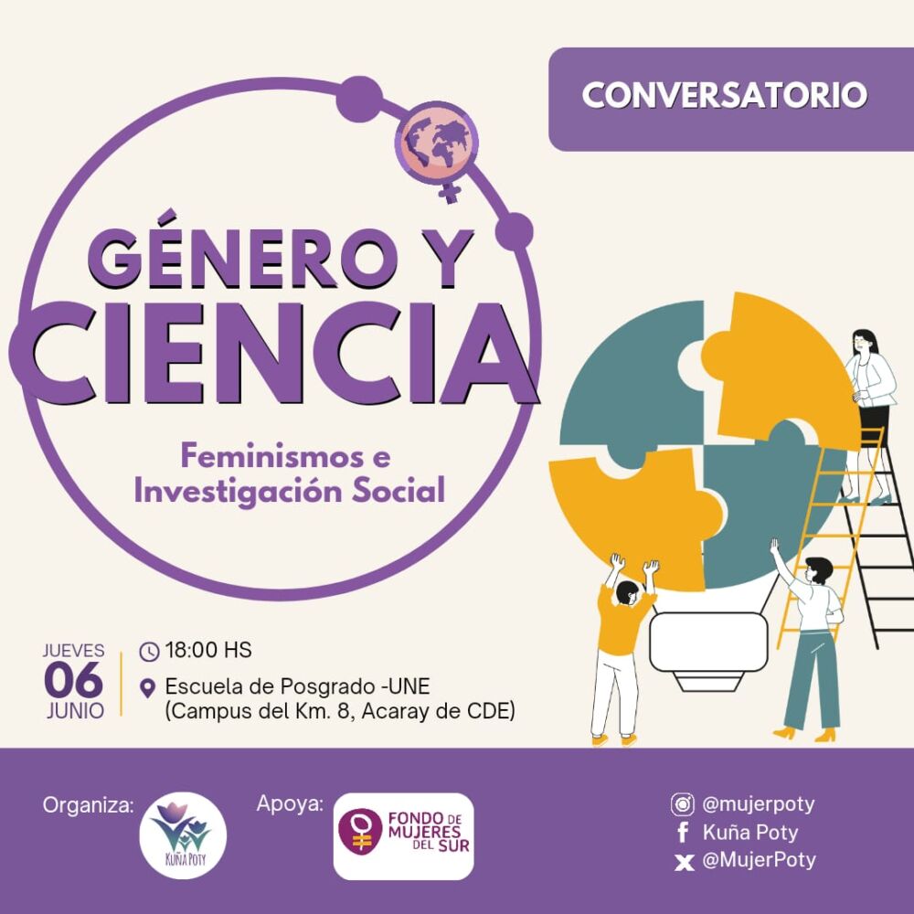 Placa con texto: Conversatorio "Género y Ciencia - Feminismos e investigación social"