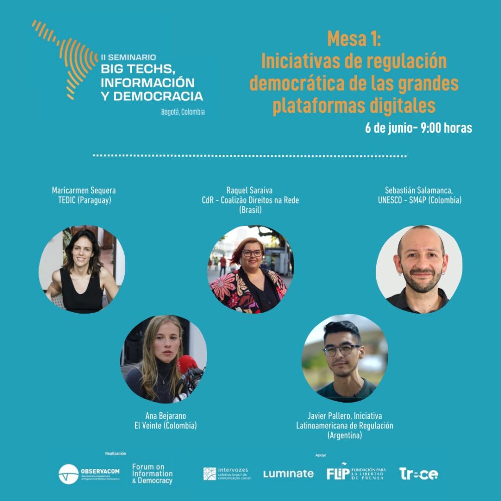 Placa con texto e imagenes sobre el seminario internacional Big Techs, Información y Democracia