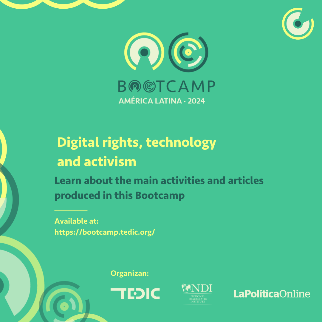 Green flyer with text "digital rights, technology and activism".