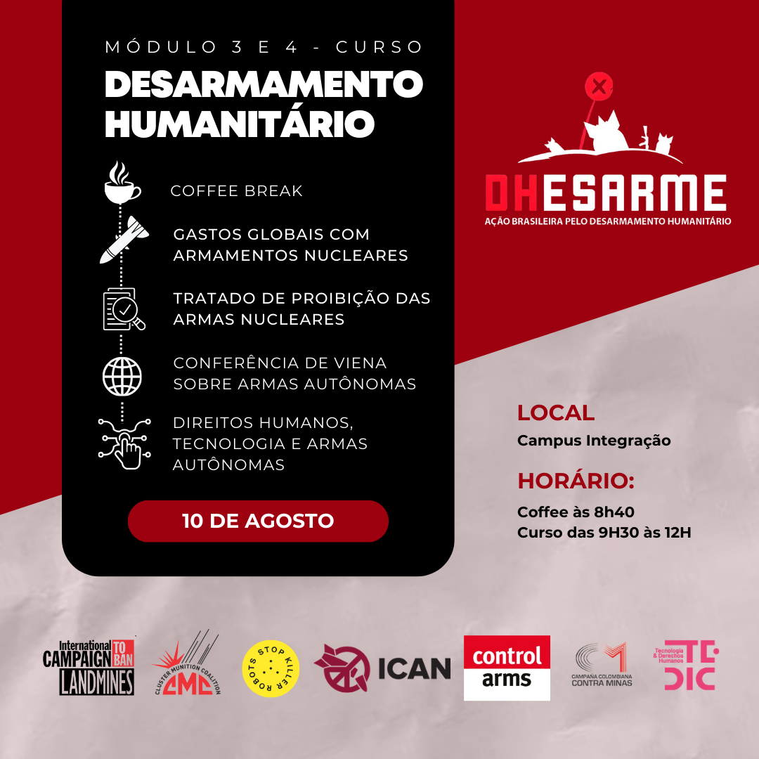 Placa y texto: curso Introdutório sobre Desarmamento Humanitário