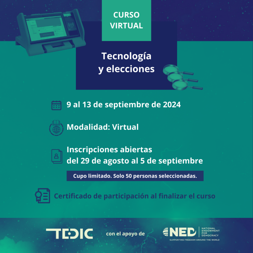 Flyer con fondo verde y azul y texto de invitación al curso virtual "tecnología y elecciones"