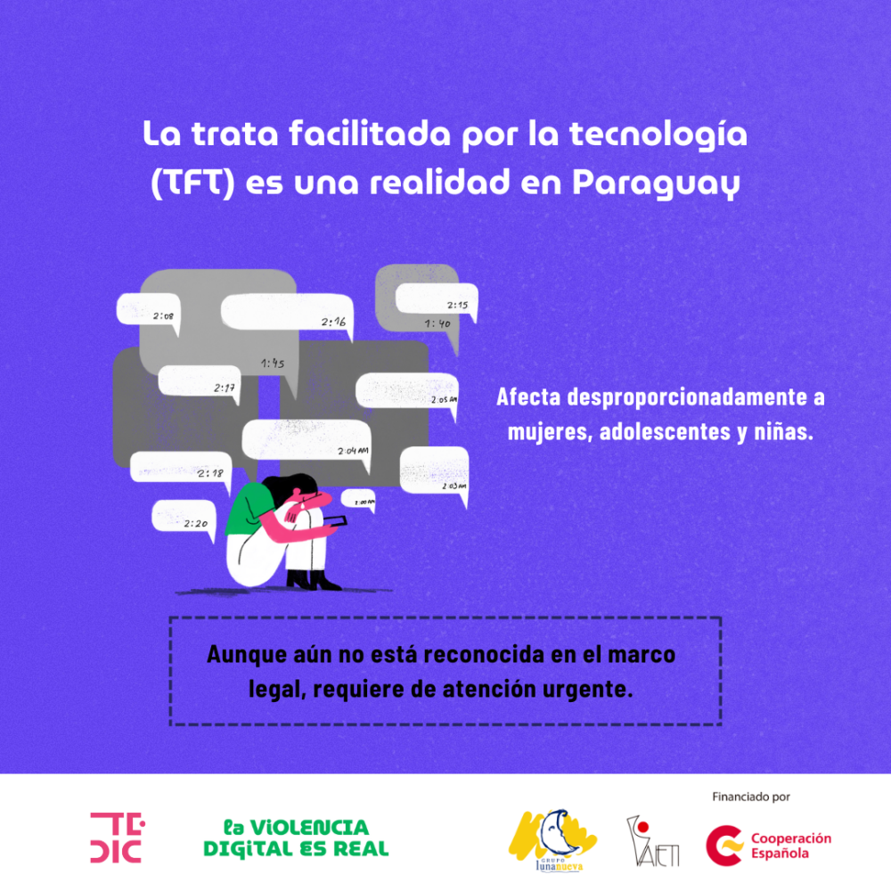 Placa y texto: Investigación sobre trata de personas facilitada por la tecnología en Paraguay