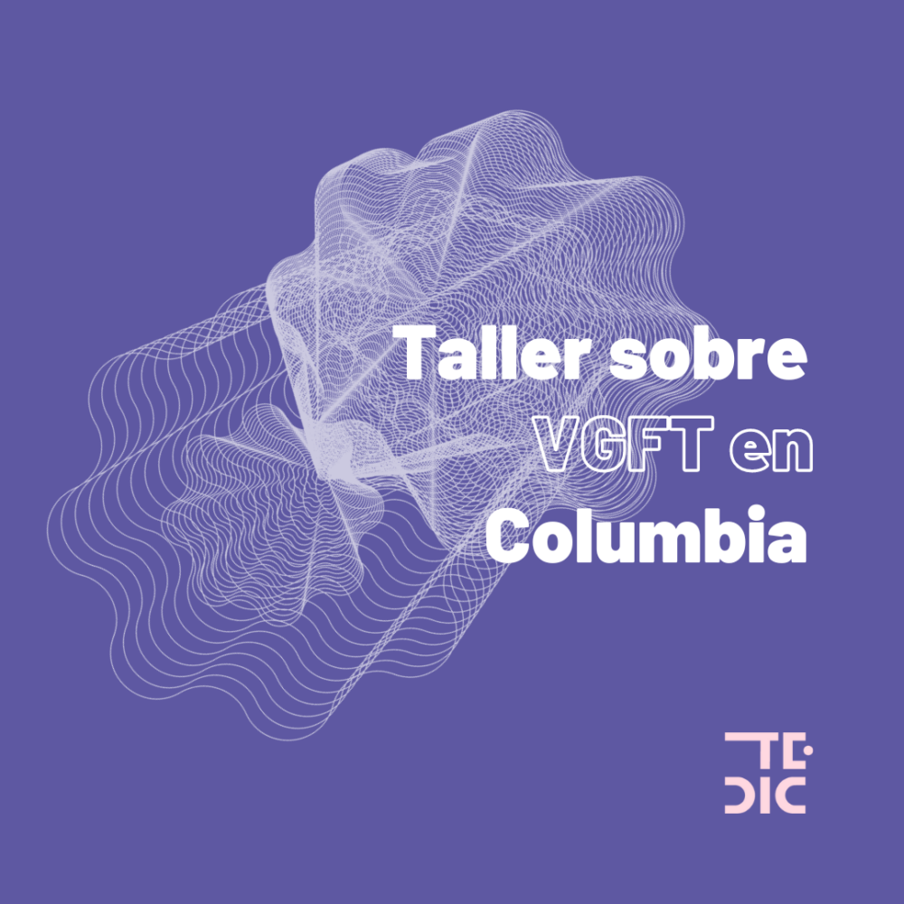 Flyer con fondo violeta y texto: Taller VGFT Columbia