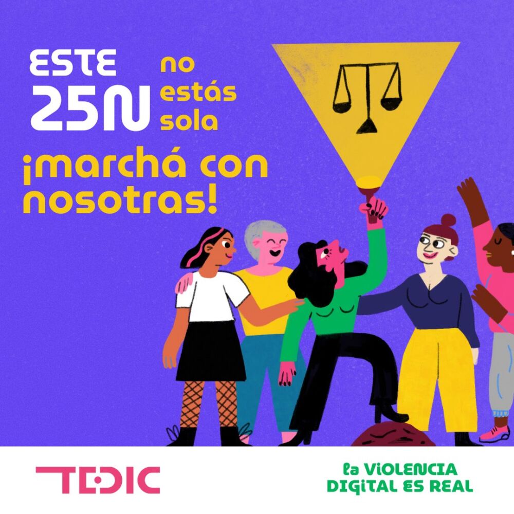 Placa con dibujo y texto: Este 25N marchá con nosotras.