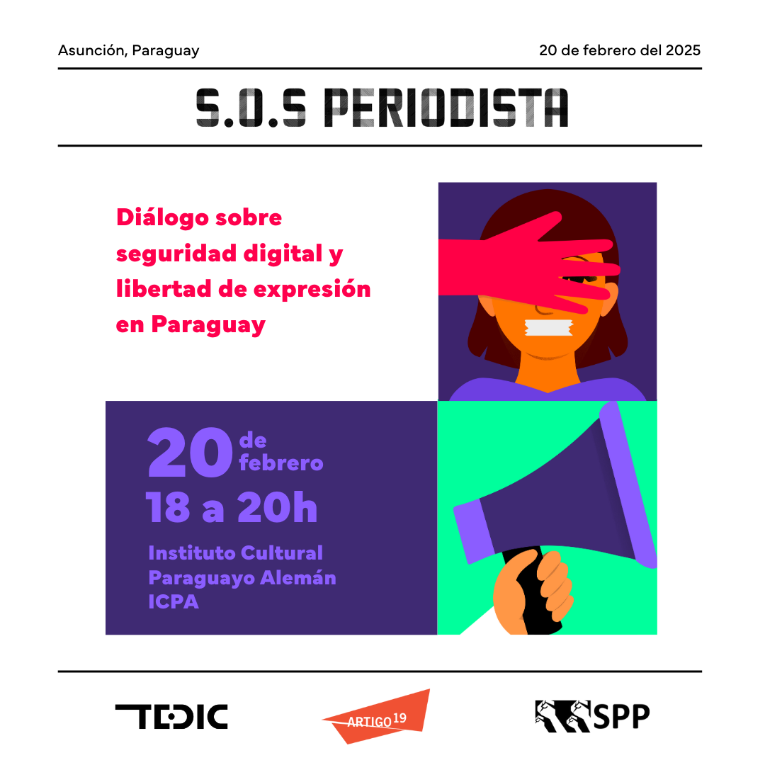 Flyer con fondo blanco y texto de invitación a evento S.O.S Periodista