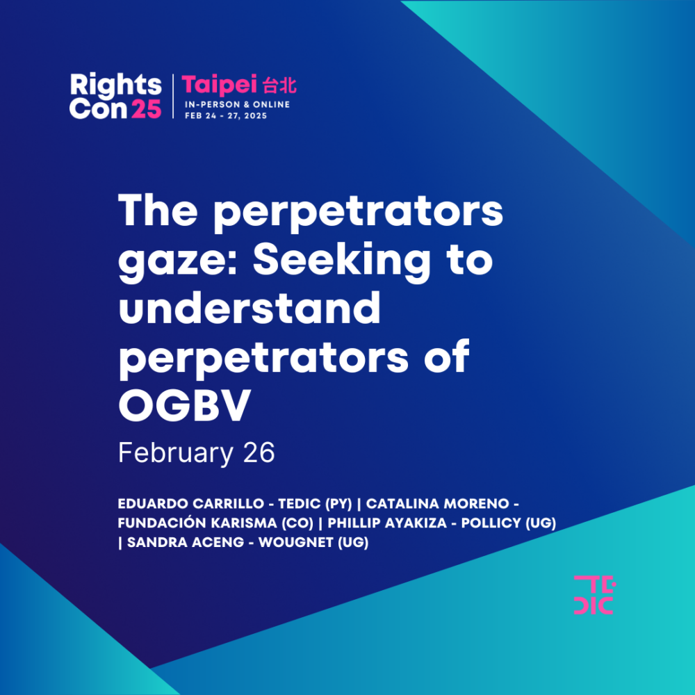 Flyer del evento con el titular "The perpetrators gaze: Seeking to understand perpetrators of OGBV".